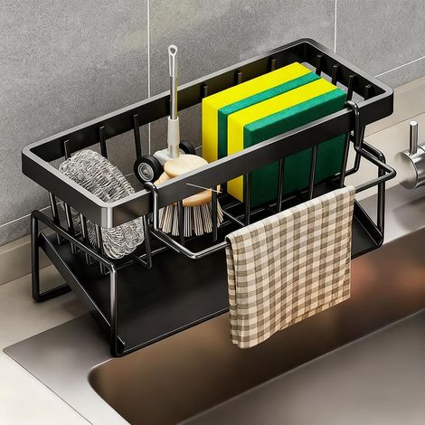 1 - Organisateur évier - Acier inoxydable - Porte-éponge avec vidange automatique et distributeur savon - Cuisine moderne - Argent - 25x12x10cm