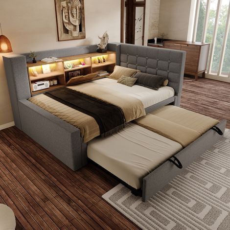 Bett 90x200 cm grau aus Leinen und Metall, ausziehbar 90x190 cm, L-Kopfteil mit LED und USB (1/5)