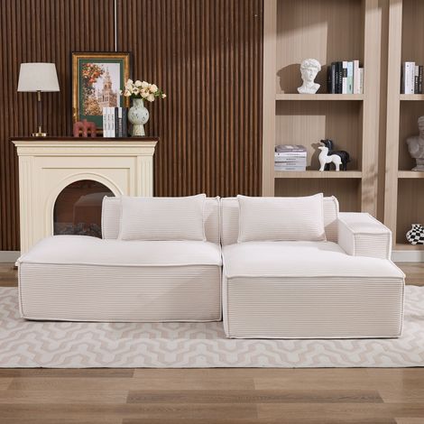Canapé de tejido poliéster beige 235 cm con cojines y asiento con muelles ensacados
