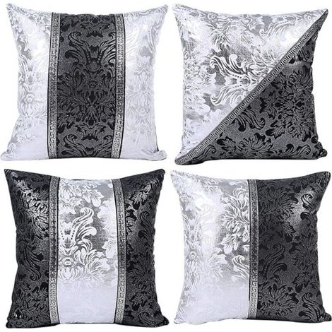 Fodera per cuscino con unicorno, motivo geometrico a foglie e fiori, federa per divano, casa, soggiorno, camera da letto, decorazione d'interni, 45x45 cm, set da 4 (porcellana bianca e nera)