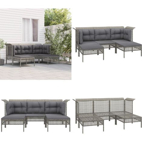 5-tlg. Garten-Lounge-Set mit Kissen Grau Poly Rattan - Gartenmöbeln - Loungesessel - Outdoor Möbel - Rattan Möbel - Garten Lounge Set - Home & Living (1/5)