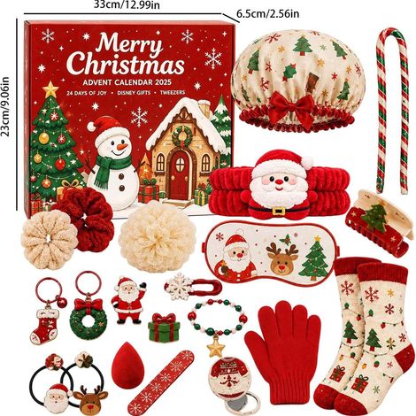 Calendrier de l'Avent de Noël (compte à rebours de 24 jours), coffret cadeau d'accessoires de Noël comprenant des accessoires pour cheveux, des chaussettes, des gants et des porte-clés, cadeau de Noël (1/5)