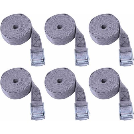 Sangle a cliquet Lot de 6, Sangle Bagage polypropylène, Sangles d'arrimage, Utilisé pour Voiture, Moto, Kayak, reglable, Frottement résistant à l'usure, Pas Facile à corroder (Gris, 25mmX2m)