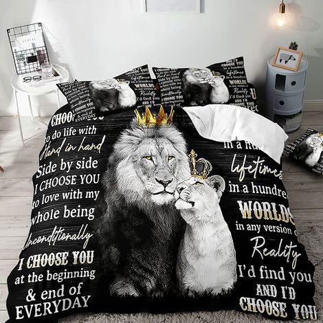 Parure de lit 3 pièces avec Housse de Couette Motif Lion Africain, Parure de lit Noire, Housse de Couette, décoration de Chambre à Coucher pour Couples, Cadeau Romantique pour Couple de (1/5)