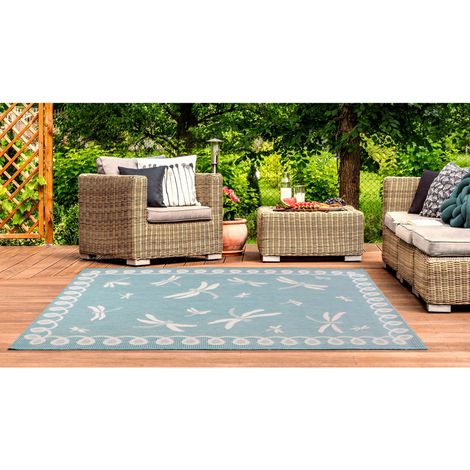 Terrace Dragonfly Flatweave Outdoor Indoor Bordered Teal Rug in 60 x 120 cm (2x4') (1/4)