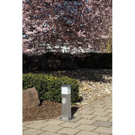 Stehleuchte mit Steckdosen Außenlampe Steckdosen Energieverteiler mit Beleuchtung, Edelstahl opal, 1x LED 1,1W 90Lm warmweiß, LxBxH 15,5x15x40 cm (1/3)