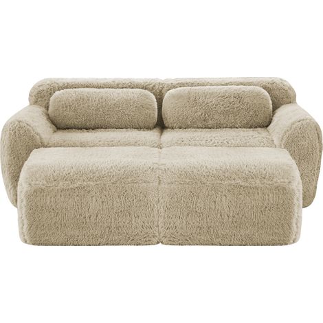 Modulares Cloud-Sofa 2-Sitzer aus weichem Stoff mit 2 Hockern, ohne Montage, hellbeige (1/5)