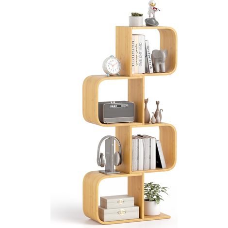 Libreria a 4 livelli a forma di S mensola in bambù con 4 cubi aperti, Libreria per esposizione per riporre Naturale (1/4)