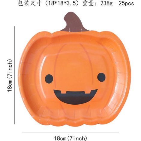 Articles de fête d'Halloween, Vaisselle décorative, Assiettes jetables en carton 18 cm, Assiettes citrouilles (25 pièces) (1/5)