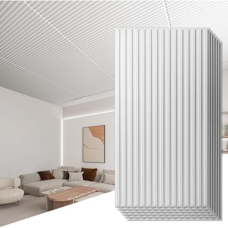Lot de 12 panneaux muraux 3D à lattes, carreaux de plafond décoratifs PVC,Pour décoration murale intérieure,61 x 122cm, Blanc (1/5)