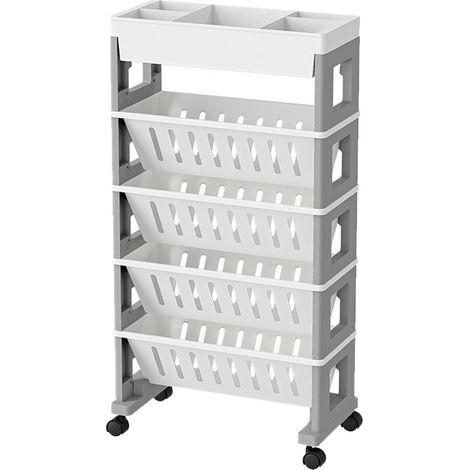 Étagère à roulettes à 5 niveaux, blanche et grise, meuble de rangement mobile pour salon (1/3)
