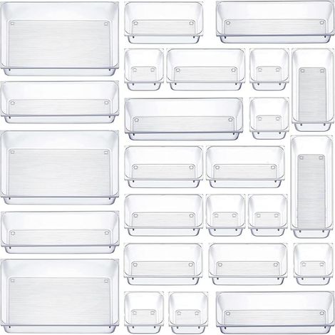 25 Pièces Organiseurs de Tiroirs Transparents 4 Tailles Bureau en Plastique Séparateurs Tiroir pour Coiffeuse, Maquillage, Salle Bain, Cuisine, Ustensiles, 25pcs/Type 1 - (1/5)