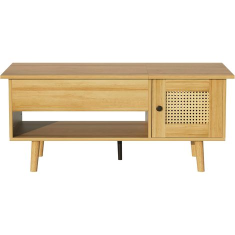 Élégante table basse avec plateau relevable et portes en rotin, couleur bois avec accents noirs, idéale pour le salon – espace de rangement pratique et design fonctionnel.