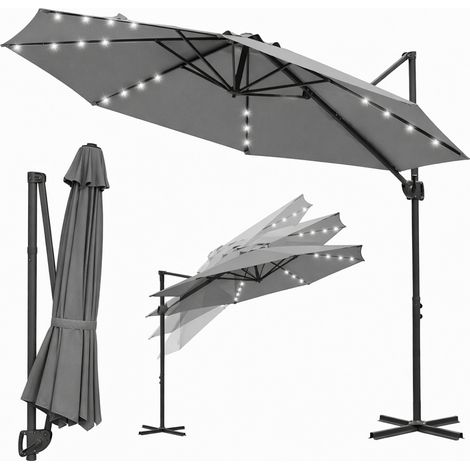 Jiubiaz Sonnenschirm Ampelschirm 3x3 m Grau mit Solar LED, 360° drehbar & 0–60° neigbar, UV50+ wasserabweisend, Kurbel, Garten Terrasse Balkon