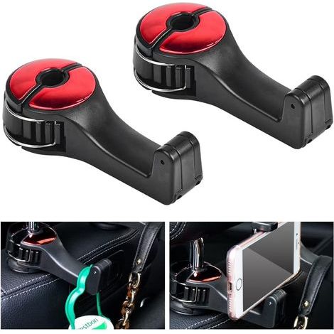 2PCS Crochet pour Appuie-Tête de Voiture Rouge et Noir Crochet de Siège Arrière de Voiture Support de Crochet de Siège Arrière de Voiture Siège Arrière de Voiture Crochets pour Portable Sac (1/5)