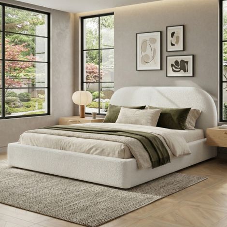 Lit rembourré double 160 x 200 cm avec rangement hydraulique et tête de lit, Beige, Bouclé (1/5)