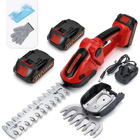 21V Hedge Trimmer Grass Trimmer, 2-in-1 Cordless Electric Shrub Shears, IP67 Waterproof Portable Grass Cutter, with 2 Interchangeable Blades and 2 Rechargeable Batteries, Red (1/5)