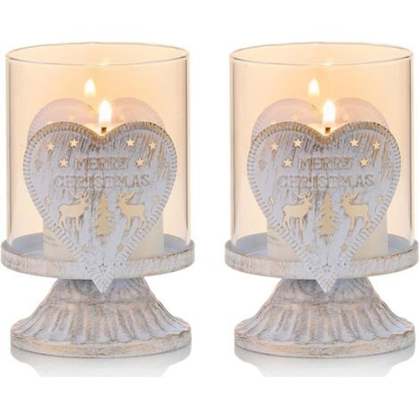 Lot de 2 Bougeoirs Chandelier en Blanc Métal Supports pour Bougies Piliers(Cœur), Bougeoirs en Détresse de L'ouragan Préfèrent Pièces pour Décoration de Cheminée de Manteau de Table de Noël, Blanc (1/5)