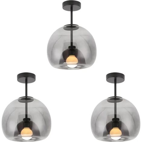 Lot de 3 Plafonnier Moderne Verre,20cm Lampe de Plafond Industriel Design Base Concave E27 Suspension Luminaire Vintage,Noir (1/5)