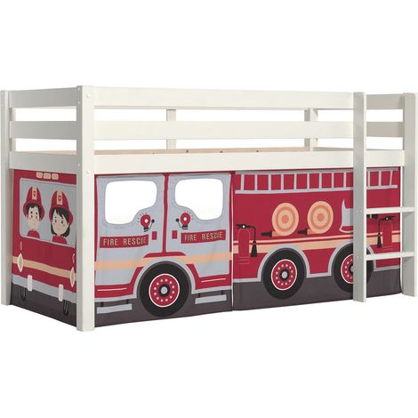 SLEEPY - Lit Mi-Haut en Pin Laqué Blanc 90x200cm Housse Pompiers