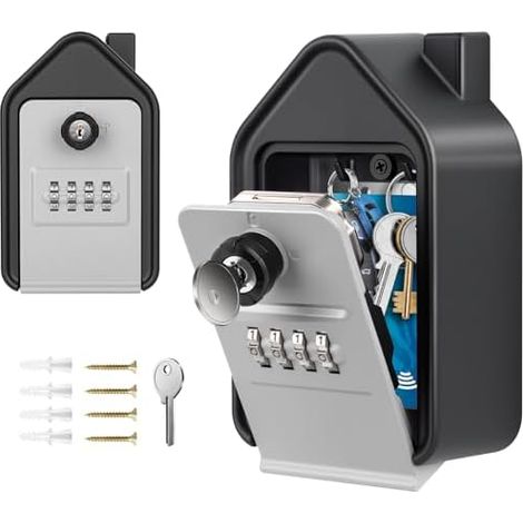 Key Box, Large Secure Outdoor Key Box with 4 Codes & Emergency Keys, Wall-Mounted Aluminum Alloy Key Box for Home, Garage, School, Airbnb (Grey) (1/5)