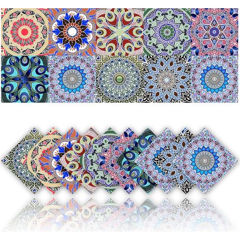 20 Pièces Carrelage Autocollants Imperméable PVC Auto-adhésif Décoration Murale Salle De Bain Cuisine Mur Bohème Mosaïque Style Autocollants Décoration de La Maison (10x10cm) (1/5)