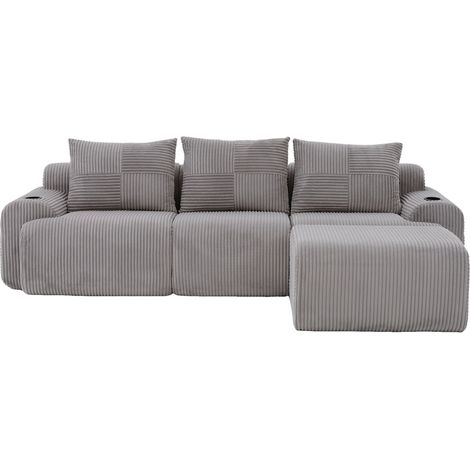Sofá modular de 3 plazas en tela de cordón gris claro con pufs, portavasos y bolsillo lateral (1/5)