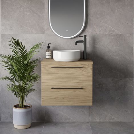 Napoli 390 Light Oak 600mm Wall Mounted 2 Drawer Vanity Unit for Countertop Basins - 600mm - Gunmetal Grey 320mm Handle