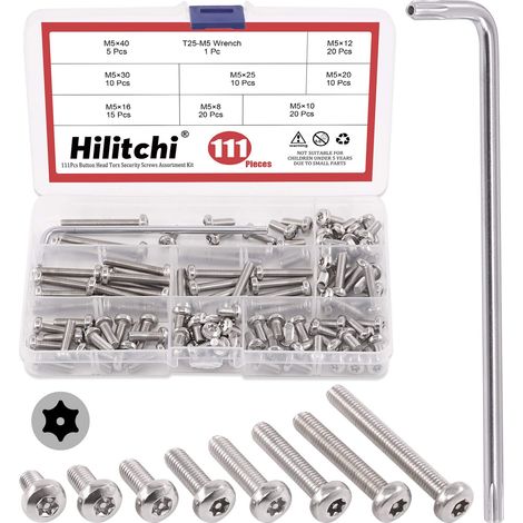 Lot de 110 vis de sécurité Torx à tête bouton M5 en acier inoxydable avec embout T25, M5 x 8/10/12/16/20/25/30/40 (1/5)