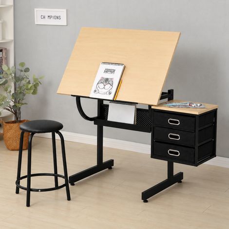 Mesa de dibujo inclinable y extensible con 3 cajones y taburete, estructura de MDF y metal, color arce (1/5)