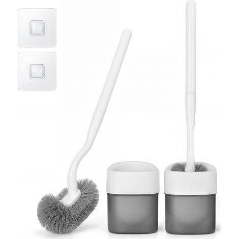 Lot de 2 brosses de toilette, brosse WC en plastique et support, poils solides, brosse de cuvette de toilette fine et compacte pour salle de bain, montage mural, nettoyage (1/5)
