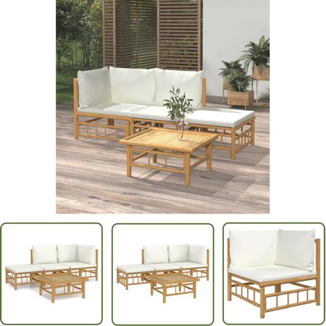 The Living Store Salon de jardin 4 pcs avec coussins blanc crème bambou - Salon De Jardin - Mobilier De Jardin - Ensemble De Salon - Ensemble De Meubles De Jardin - Bamboo Furniture (1/5)
