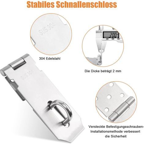 Loquet de sécurité JatilEr - 5,5 pouces - Verrouillable avec 9 grandes vis anti-rouille - Cadenas en acier inoxydable 304 pour cadenas, armoires, portails (1/4)