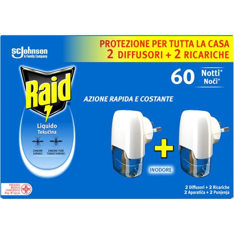 Raid Liquido Elettrico Antizanzare Comuni e Tigre, Inodore, Formato Convenienza, Confezione da 2 Diffusori e 2 Ricariche, 60 Notti (1/4)