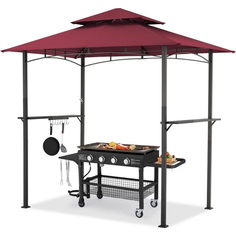 YODOLLA Grillpavillon 2,4m×1,5m, Grillüberdachung für Außengrill, 2-stufige BBQ-Gazebo-Überdachung, Weinrot (1/5)