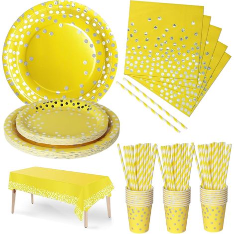 126 Pc Jaune et argent Vaisselle Fête Set Assiettes Carton Gobelet (1/5)