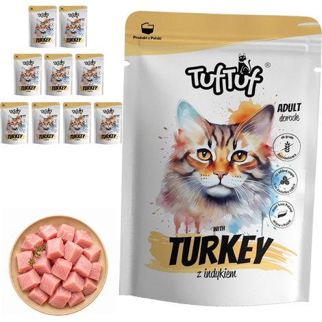 Pâtée pour chat TufTuf à la dinde, sachet de 10 x 300 g, viande en conserve (1/2)