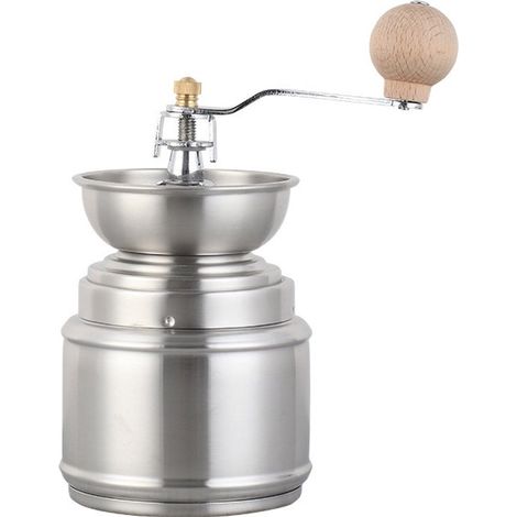 Molinillo de café manual de acero inoxidable，con muelas cónicas de posición ajustable y manivela plateada，ideal para el hogar (1/4)