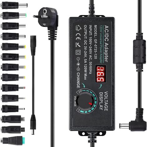 Adaptateur Alimentation Réglable 3V24V 120W 5A Alimentation Universelle avec Affichage Numérique AC à DC pour Appareils électroménagers Bande Lumineuse LED Caméra Carnet de Notes Routeur