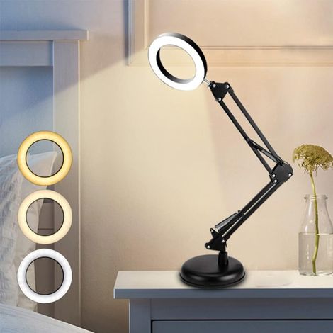 Lampe De Bureau - Avec Loupe - Bras Articulé Réglable - 3 Températures De Lumière - 3 Niveaux De Luminosité - Base Poids Lourd Et Pince C - Noir - 1 Pièce