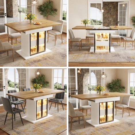 Table de salle à manger extensible (110–140 cm) avec espace de rangement et bandeau LED RVB, dotée de portes coulissantes en verre et de poignées invisibles à ouverture par pression disponible en noi (1/5)