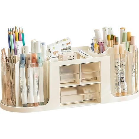 Stifthalter-Aufbewahrungsbox, doppelt drehbarer Schreibtisch-Organizer, 14 Fächer, großes Fassungsvermögen, transparente Schublade, für Bleistifte, verschiedene Schreibwaren (weiß) (1/5)