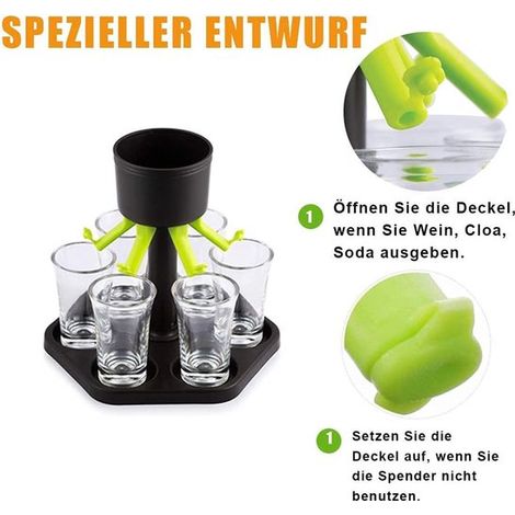 Molti dei 6 dispenser in vetro e un bicchierino di plastica che versa bevande e birre