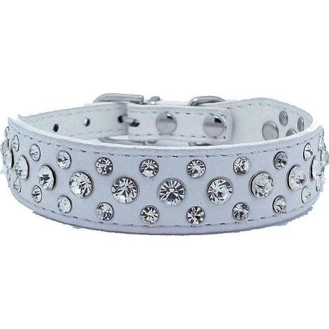 Collier de chien en cuir orné de strass – Taille L blanc – Accessoire élégant et confortable pour votre compagnon