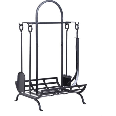 Outsunny – Serviteur de cheminée range-bûches en métal époxy anticorrosion – Espace de stockage + 4 accessoires – Dimensions 45x40x78cm – Noir