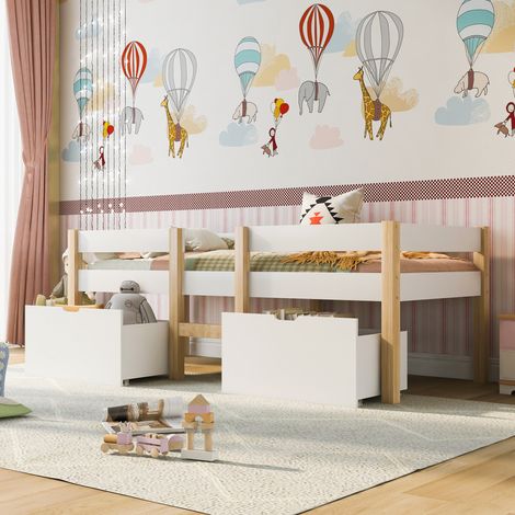 Cama alta 90x200 cm con protección anticaída cajón de almacenamiento madera color blanco (Sin colchón) (1/5)