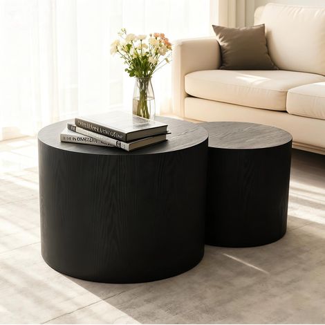 Lot de 2 tables d’appoint rondes gigognes en MDF noir, style moderne, avec pieds antidérapants, pour salon, chambre, bureau et balcon, prêtes à poser CHICFURN (1/5)
