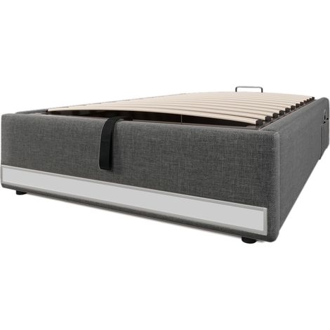 Cama con canapé tapizada 90x200 cm gris con LED, USB-C, USB y bolsillos laterales (1/5)