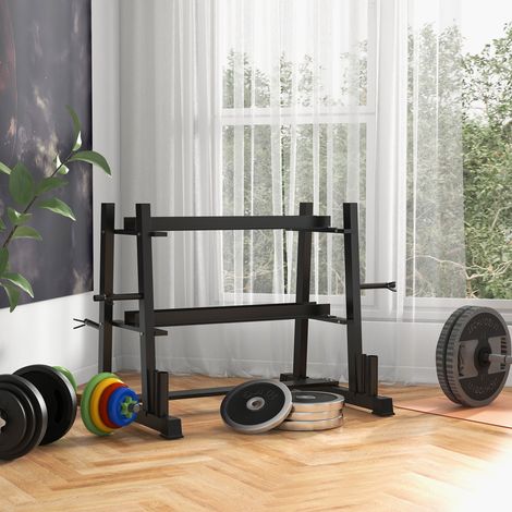 Soporte de acero para mancuernas con 4 barras ajustables para pesas y kettlebells, 131x75x80 cm, negro.