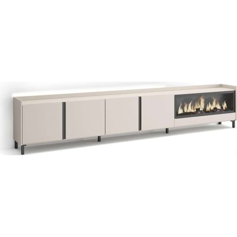 Mueble TV Almogía-02 de 315x61x35 cm con chimenea y luces LED, diseño industrial, color beige (1/4)